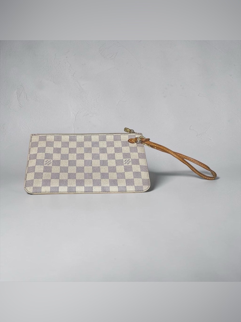 Louis Vuitton Damier Azur Canvas Wristlet in Cream and Blue with Tan Strap